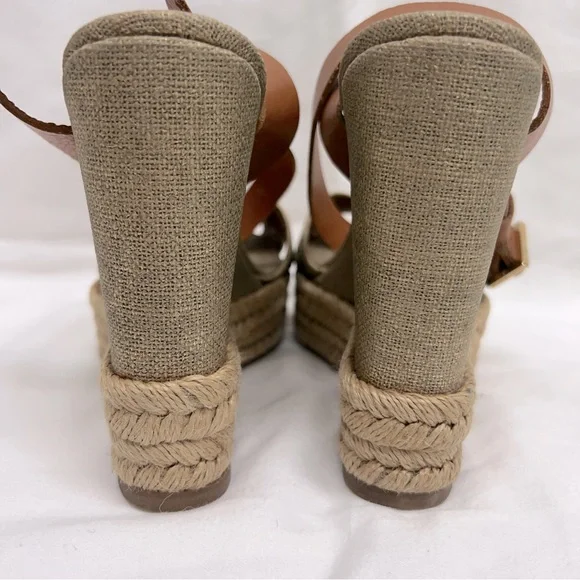 Tory Burch gold canvas wedge espadrilles with camel colored leather ankle strap - Picture 7 of 9